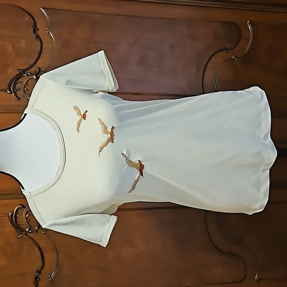 Ship' n Shore Vintage Embroidered Bird Birds Tee Shirt Brown Cream Sz S
